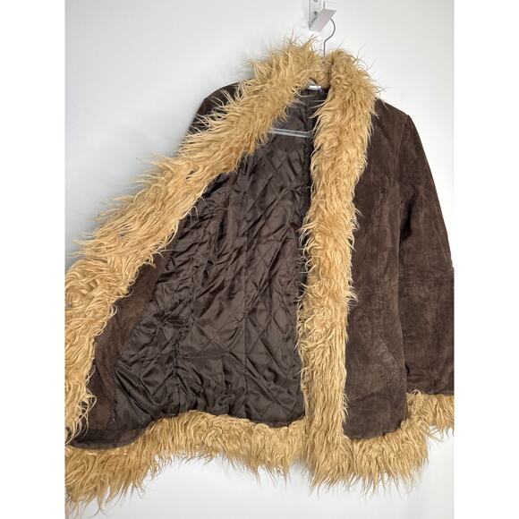 Y2K dELiA*s Suede Faux Fur Trim Jacket – Brown Shaggy Coat Size M (1990s/2000s) - Picture 5 of 13